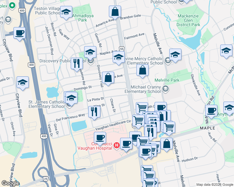 map of restaurants, bars, coffee shops, grocery stores, and more near 46 Gianmarco Way in Vaughan