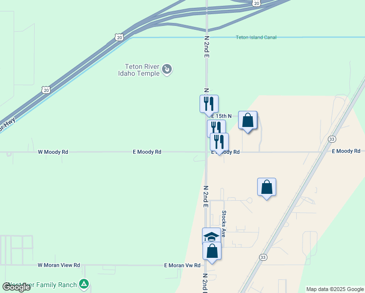 map of restaurants, bars, coffee shops, grocery stores, and more near 125 East Moody Road in Rexburg