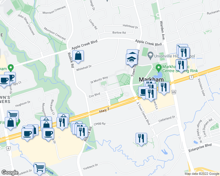 map of restaurants, bars, coffee shops, grocery stores, and more near 10 Cox Boulevard in Markham