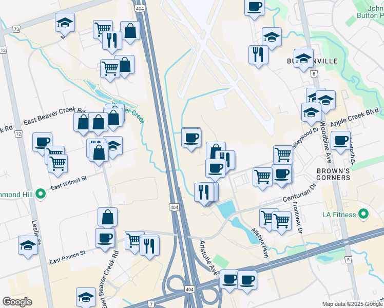 map of restaurants, bars, coffee shops, grocery stores, and more near 80 Tiverton Court in Markham