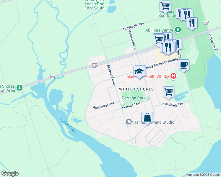 map of restaurants, bars, coffee shops, grocery stores, and more near 49 Inlet Bay Drive in Whitby