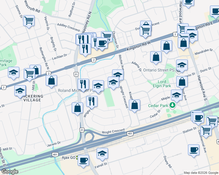 map of restaurants, bars, coffee shops, grocery stores, and more near Ritchie Avenue in Ajax