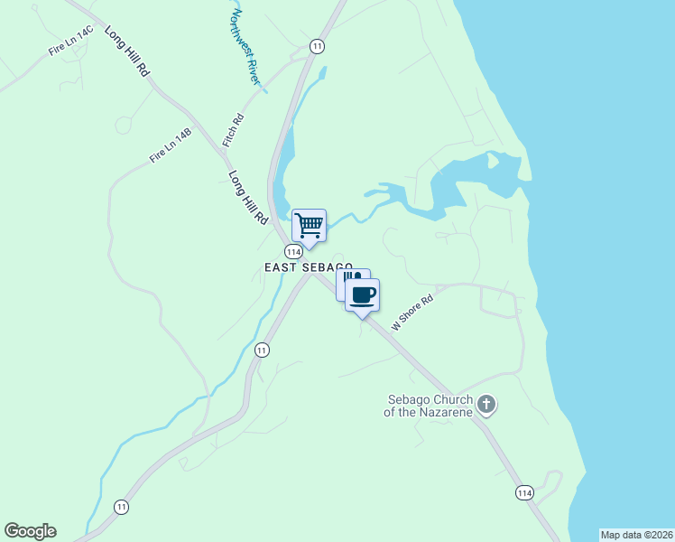 map of restaurants, bars, coffee shops, grocery stores, and more near 283 Sebago Road in Sebago