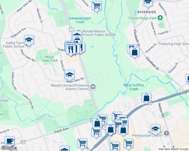 map of restaurants, bars, coffee shops, grocery stores, and more near 2360 Usman Road in Pickering