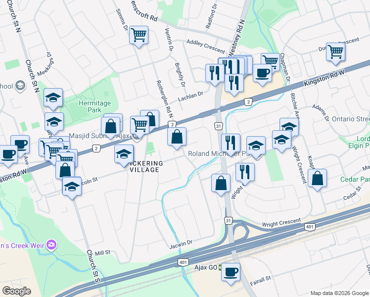map of restaurants, bars, coffee shops, grocery stores, and more near 11 Rotherglen Road South in Ajax