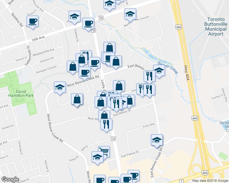 map of restaurants, bars, coffee shops, grocery stores, and more near 16 Sims Crescent in Richmond Hill