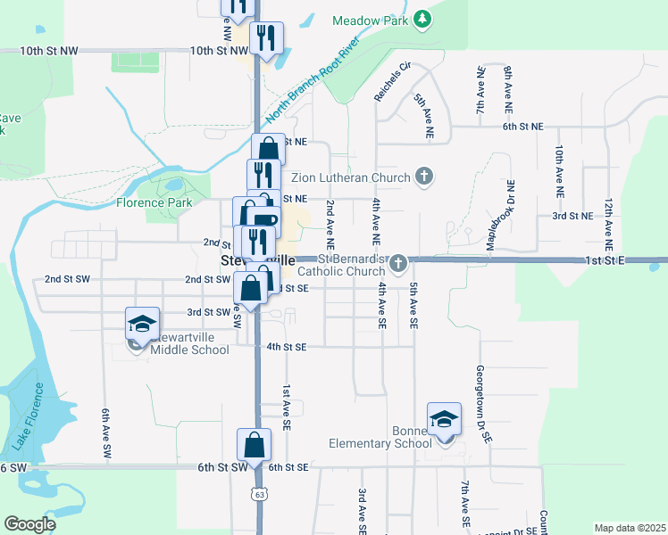 map of restaurants, bars, coffee shops, grocery stores, and more near 125 1st Street East in Stewartville