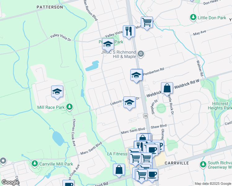 map of restaurants, bars, coffee shops, grocery stores, and more near Gamla Road in Vaughan