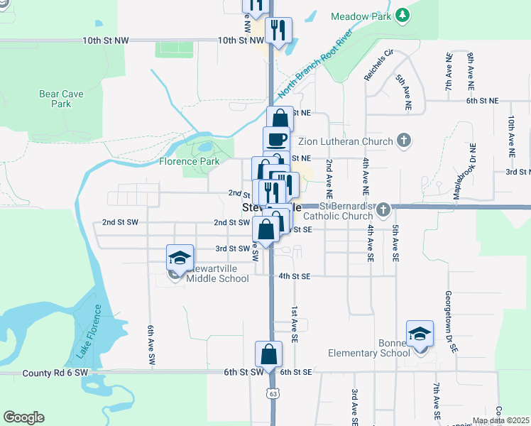 map of restaurants, bars, coffee shops, grocery stores, and more near in Stewartville