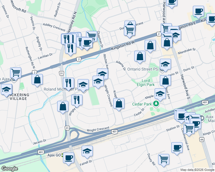 map of restaurants, bars, coffee shops, grocery stores, and more near 59 Ritchie Avenue in Ajax