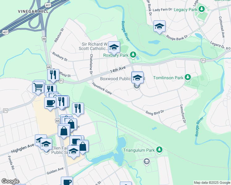 map of restaurants, bars, coffee shops, grocery stores, and more near 3 Teversham Court in Markham