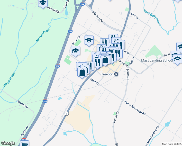 map of restaurants, bars, coffee shops, grocery stores, and more near 23 Main Street in Freeport