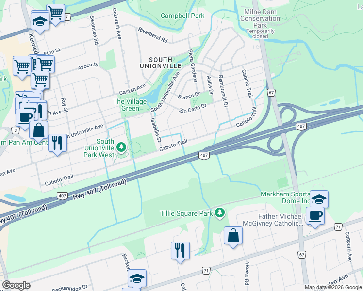 map of restaurants, bars, coffee shops, grocery stores, and more near 595 Caboto Trail in Markham