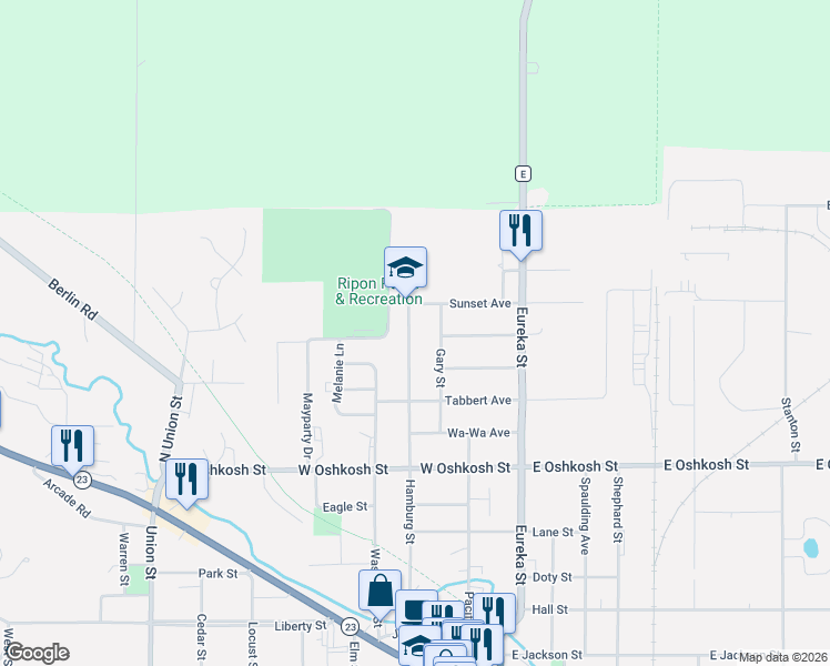 map of restaurants, bars, coffee shops, grocery stores, and more near 667 Hamburg Street in Ripon