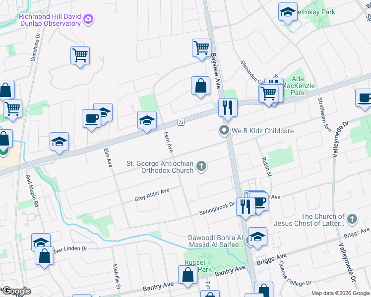 map of restaurants, bars, coffee shops, grocery stores, and more near 200 Duncan Road in Richmond Hill