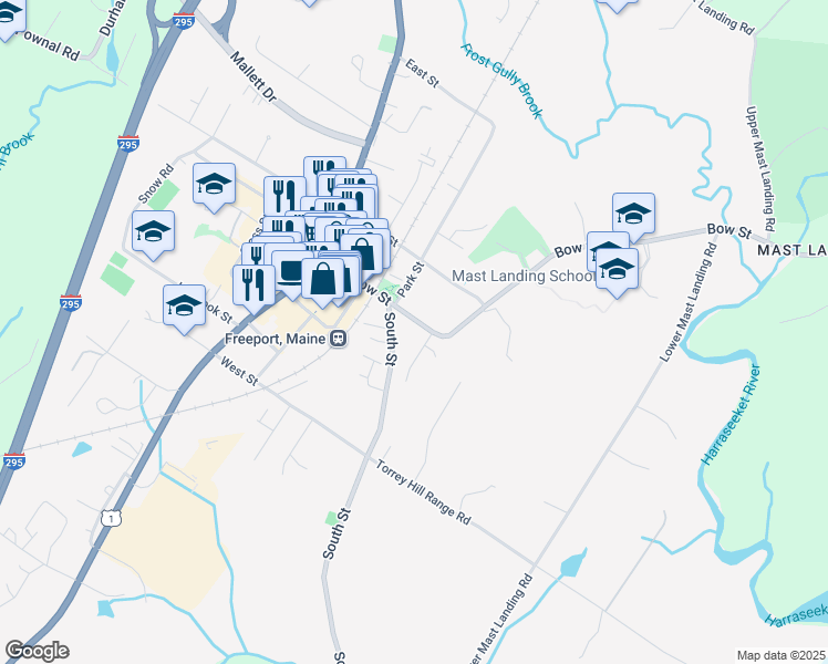 map of restaurants, bars, coffee shops, grocery stores, and more near 38 Bow Street in Freeport