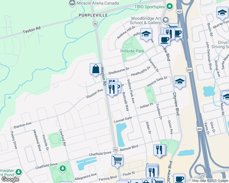 map of restaurants, bars, coffee shops, grocery stores, and more near in Woodbridge