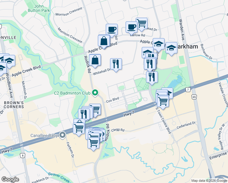 map of restaurants, bars, coffee shops, grocery stores, and more near 2 Alpen Way in Markham