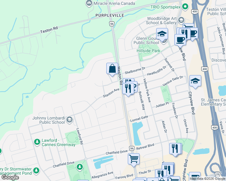 map of restaurants, bars, coffee shops, grocery stores, and more near 22 Stanton Avenue in Vaughan