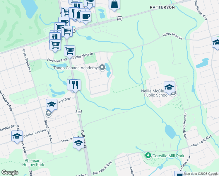 map of restaurants, bars, coffee shops, grocery stores, and more near 228 Upper Post Road in Vaughan