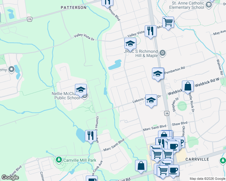 map of restaurants, bars, coffee shops, grocery stores, and more near 61 Rumsey Road in Vaughan