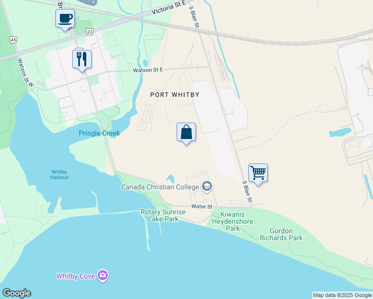map of restaurants, bars, coffee shops, grocery stores, and more near 220 Water Street in Whitby