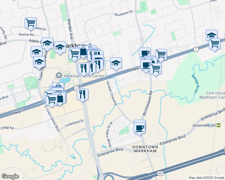 map of restaurants, bars, coffee shops, grocery stores, and more near 8 Water Walk Drive in Markham