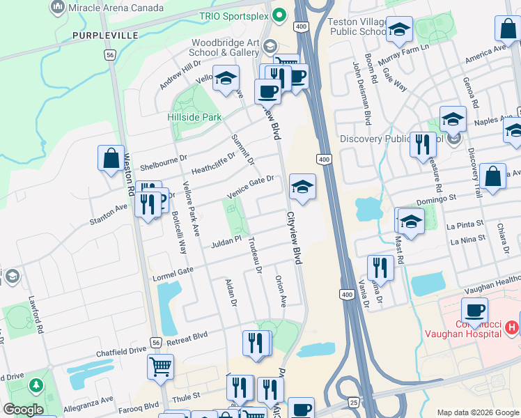 map of restaurants, bars, coffee shops, grocery stores, and more near 212 Venice Gate Drive in Vaughan