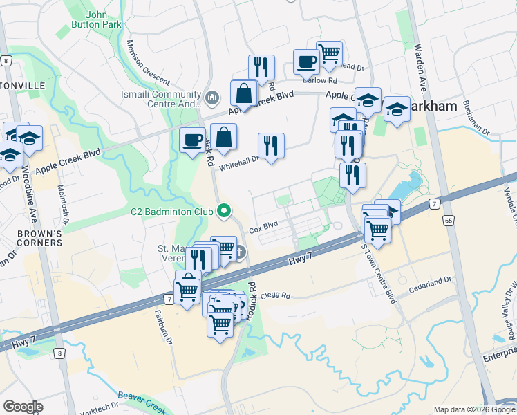 map of restaurants, bars, coffee shops, grocery stores, and more near 5 Saint Moritz Way in Markham