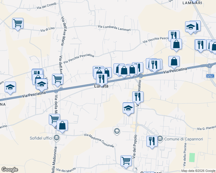 map of restaurants, bars, coffee shops, grocery stores, and more near 27 Via dell' Isola in Capannori