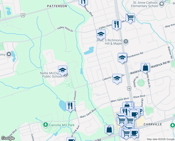 map of restaurants, bars, coffee shops, grocery stores, and more near 61 Rumsey Road in Vaughan