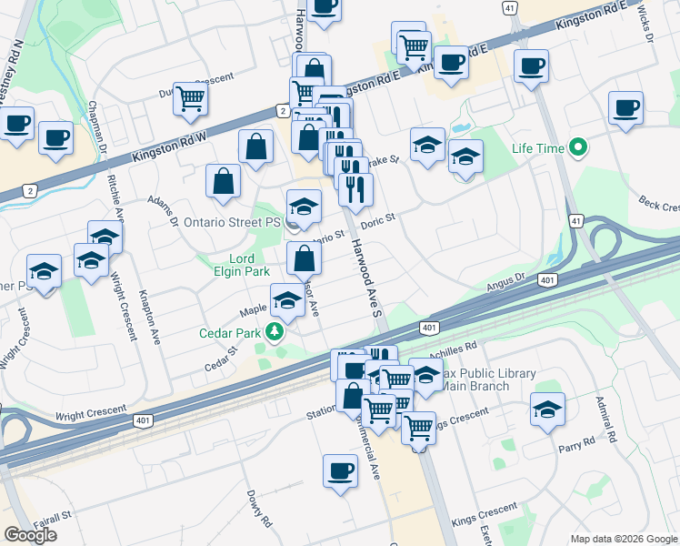 map of restaurants, bars, coffee shops, grocery stores, and more near 14 Brock Street in Ajax