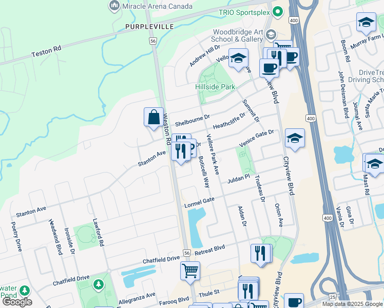 map of restaurants, bars, coffee shops, grocery stores, and more near 77 Vedette Way in Vaughan