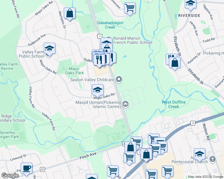 map of restaurants, bars, coffee shops, grocery stores, and more near 1623 McBrady Crescent in Pickering