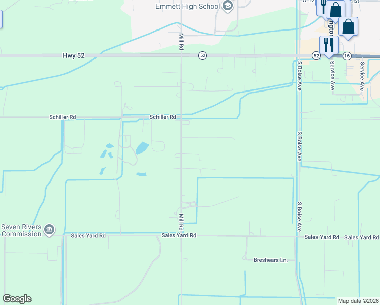 map of restaurants, bars, coffee shops, grocery stores, and more near 2407 Mill Road in Emmett