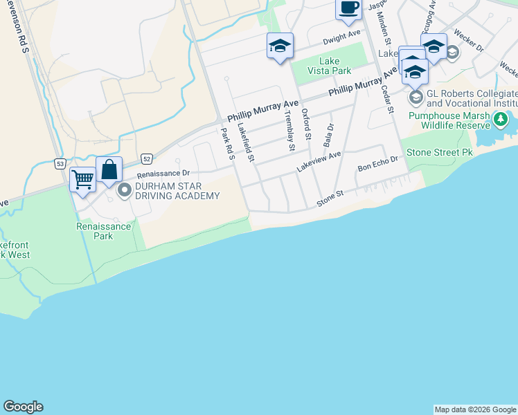 map of restaurants, bars, coffee shops, grocery stores, and more near 806 Stone Street in Oshawa