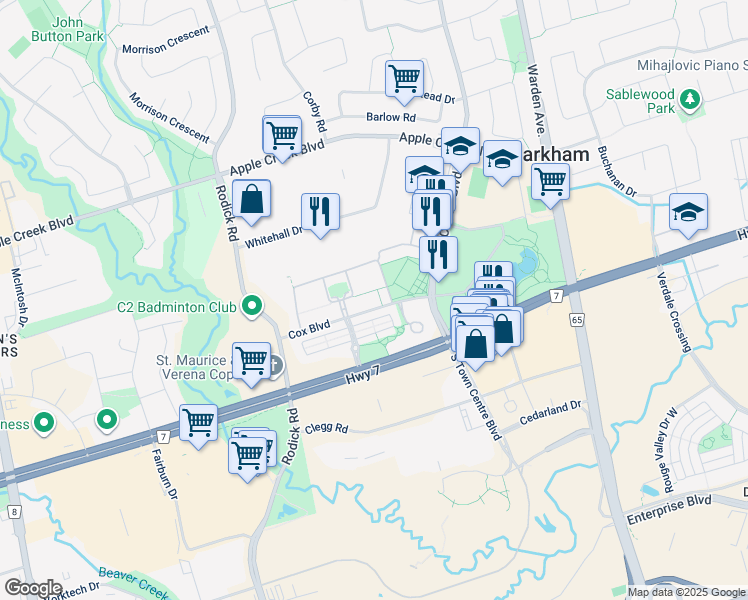 map of restaurants, bars, coffee shops, grocery stores, and more near 14 Cox Boulevard in Markham