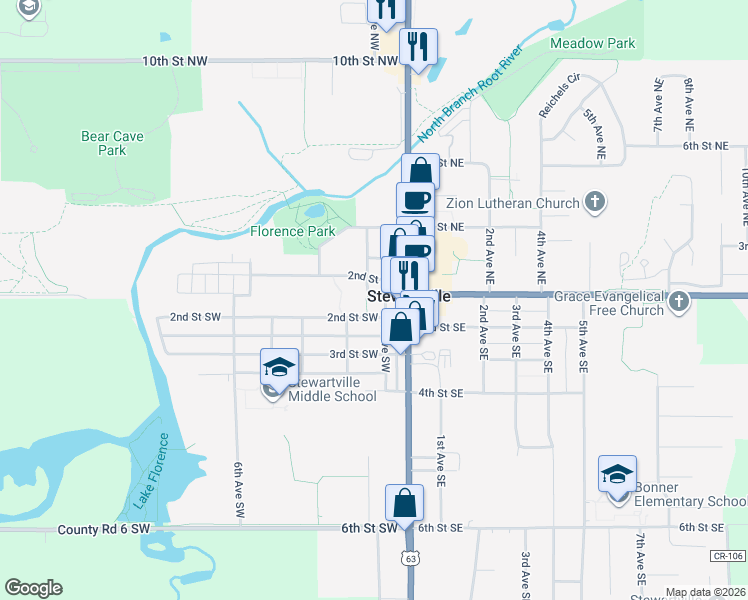 map of restaurants, bars, coffee shops, grocery stores, and more near 200 1st Street West in Stewartville