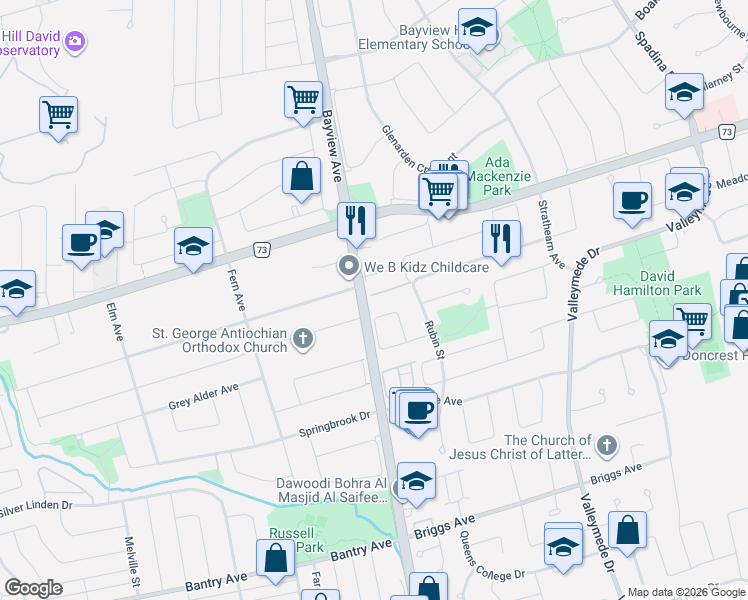map of restaurants, bars, coffee shops, grocery stores, and more near 50 Rubin Street in Richmond Hill