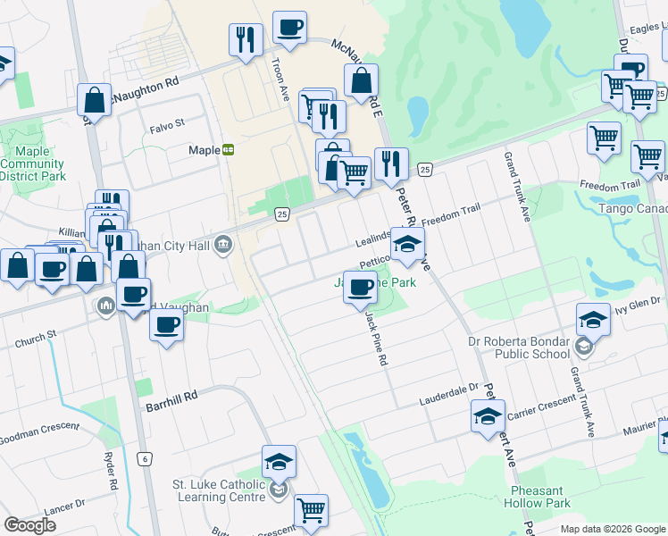 map of restaurants, bars, coffee shops, grocery stores, and more near 110 Petticoat Road in Vaughan