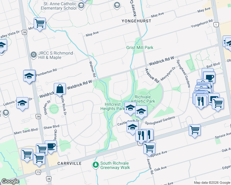 map of restaurants, bars, coffee shops, grocery stores, and more near 47 Greenbelt Crescent in Richmond Hill