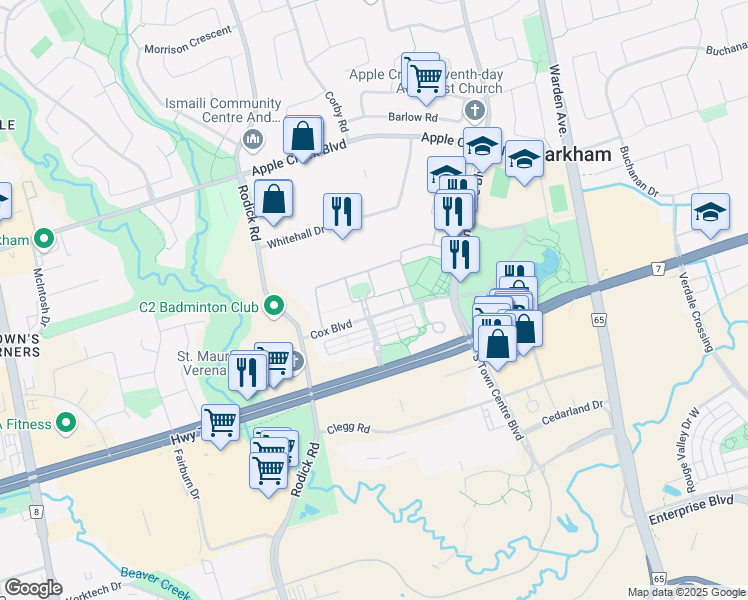map of restaurants, bars, coffee shops, grocery stores, and more near in Markham