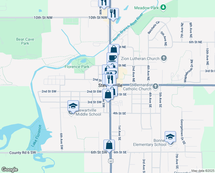 map of restaurants, bars, coffee shops, grocery stores, and more near in Stewartville