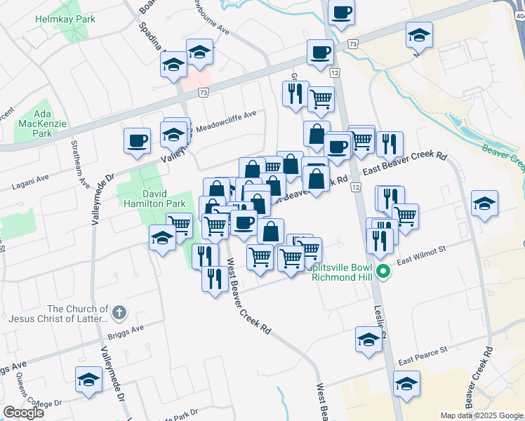 map of restaurants, bars, coffee shops, grocery stores, and more near 55 West Beaver Creek Road in Richmond Hill