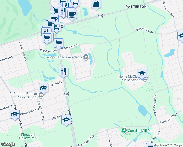 map of restaurants, bars, coffee shops, grocery stores, and more near 228 Upper Post Road in Vaughan
