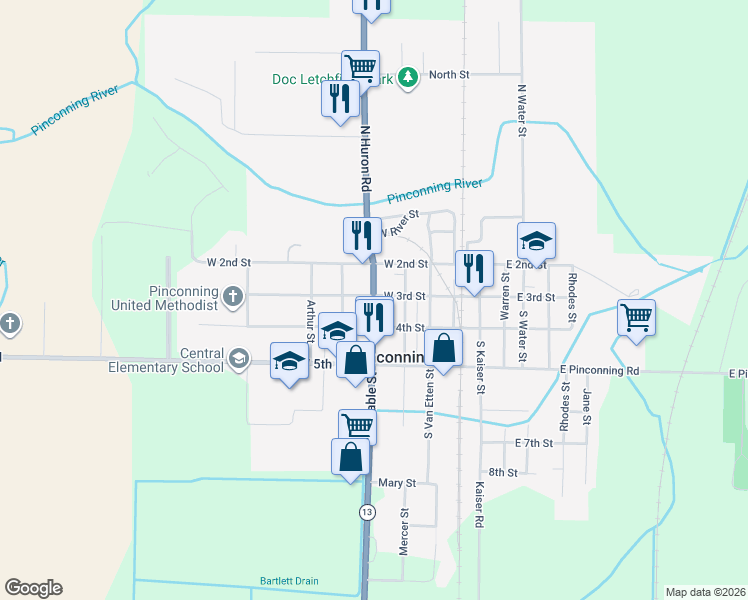 map of restaurants, bars, coffee shops, grocery stores, and more near 305 S Mable St in Pinconning