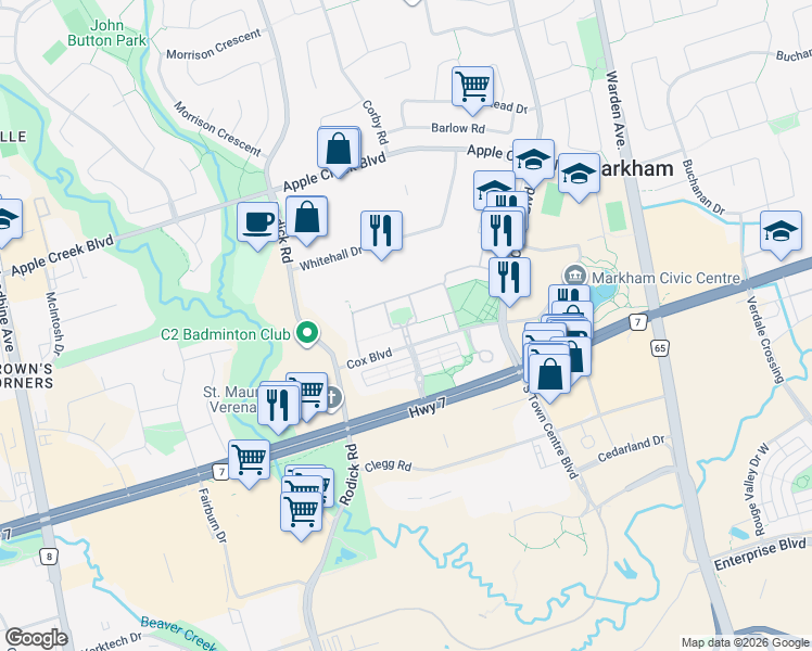 map of restaurants, bars, coffee shops, grocery stores, and more near Alpen Way in Markham