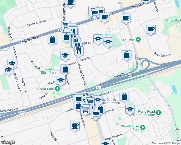 map of restaurants, bars, coffee shops, grocery stores, and more near 20 Oak Street in Ajax
