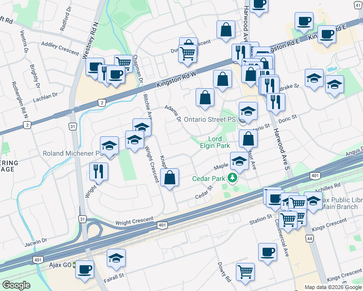 map of restaurants, bars, coffee shops, grocery stores, and more near 15 Chadwick Drive in Ajax