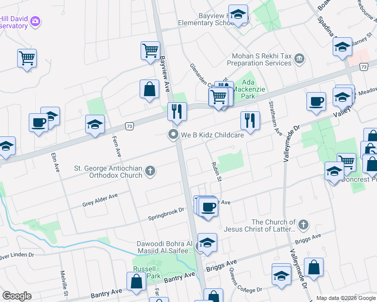 map of restaurants, bars, coffee shops, grocery stores, and more near 50 Rubin Street in Richmond Hill